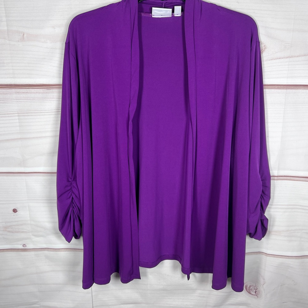 Susan Graver Cardigan Women 3X Purple Open Front Ruched Sleeve Solid Liquid Knit